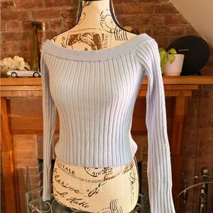 Aerie-Light Blue Off-Shoulder Ribbed Sweater